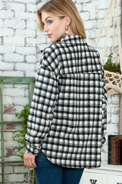 Wholesale Black Plaid Print Chest Pockets Buttoned Tunic Shacket - Eloy Royal