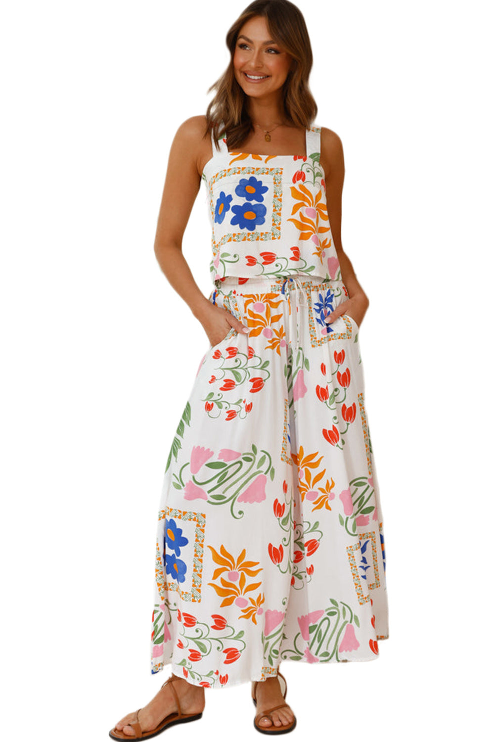 White Square Neck Tank & Wide Leg Pants Boho Floral Set - Eloy Royal