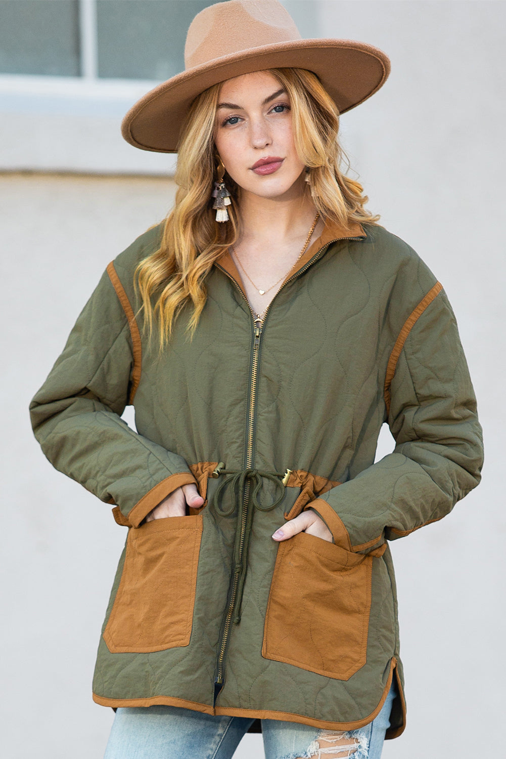 Green Drawstring Waist Quilted Jacket with Pocket - Eloy Royal