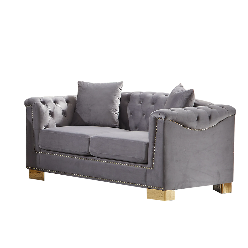 {Video] Classic Modern Style Sofa, 62-inch Chesterfield Classic Rolled Arm Tucked-in Nailhead Decor Cloud Two-Seater Velvet Sofa, Luxury Double Sofa Suitable for Living Room, Bedroom, Apartment, Grey - Eloy Royal