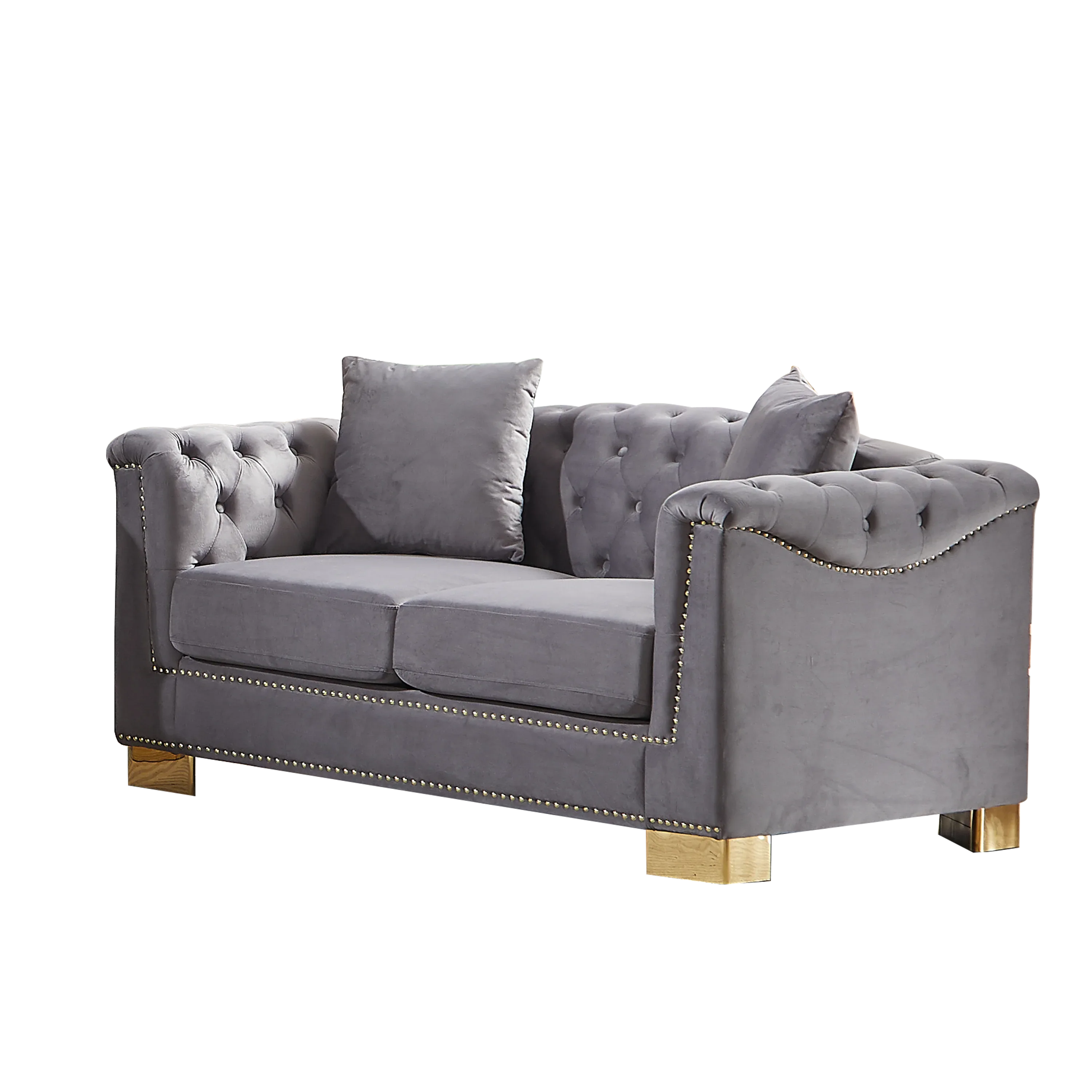 {Video] Classic Modern Style Sofa, 62-inch Chesterfield Classic Rolled Arm Tucked-in Nailhead Decor Cloud Two-Seater Velvet Sofa, Luxury Double Sofa Suitable for Living Room, Bedroom, Apartment, Grey - Eloy Royal