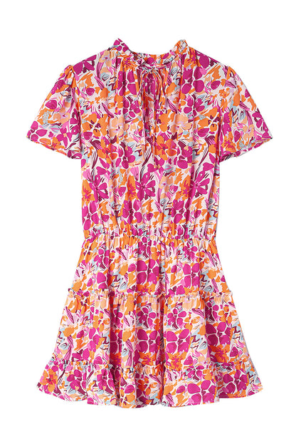 Multicolor Floral Print Tie V Neck Ruffle Short Dress - Eloy Royal