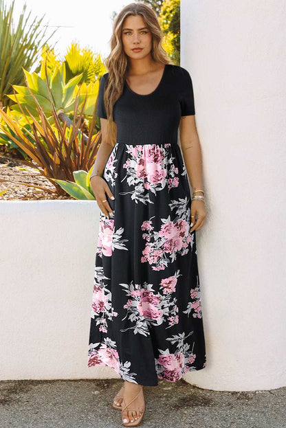 Black Contrast Floral Empire Waist Maxi Dress