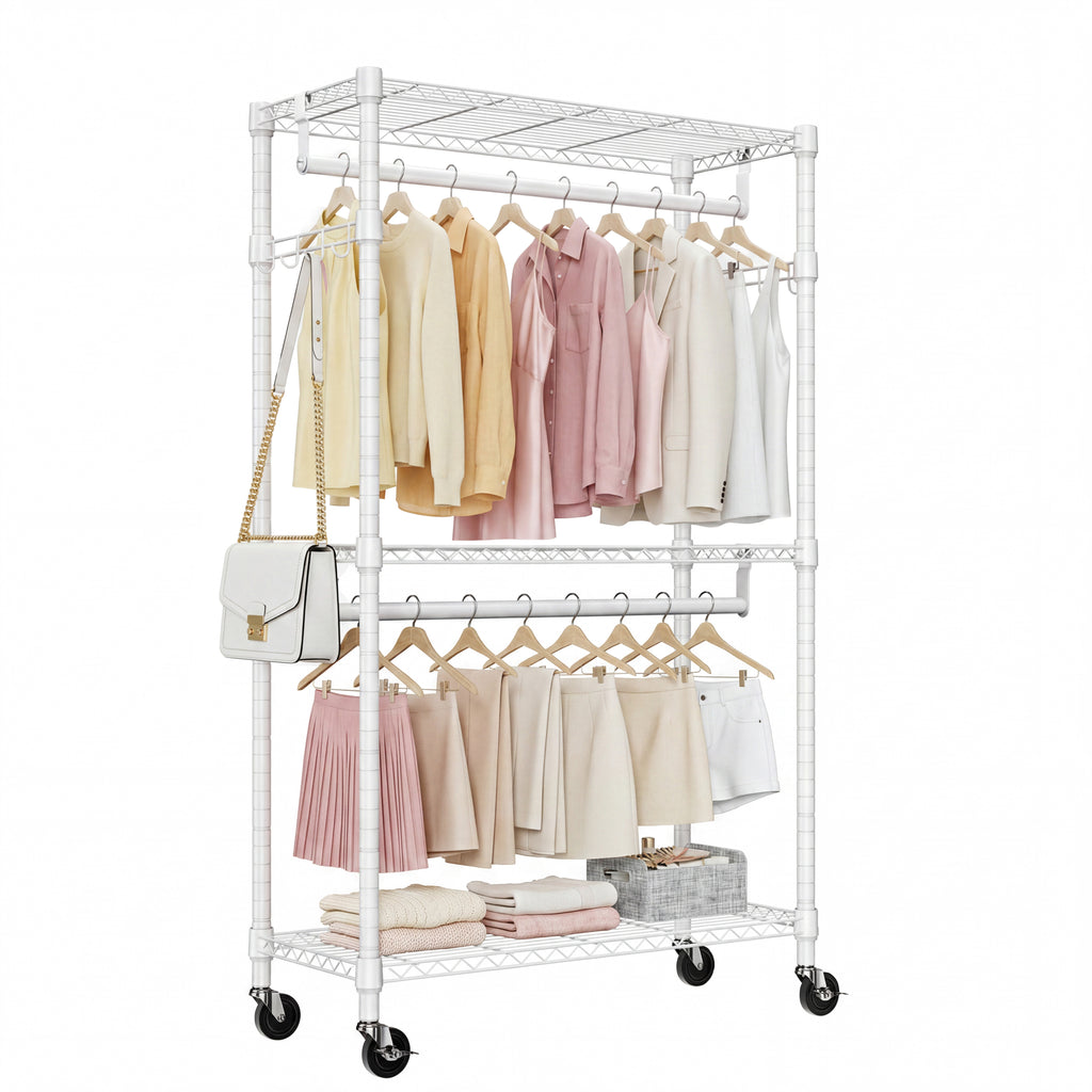 Heavy Duty Rolling Garment Rack 3 Tiers Adjustable Wire Shelving Clothes Rack with 2 Rods and Side Hooks,Storage Closet Clothing Rack with Wheels White 15.7' D x 29.5' W x 74.5' H