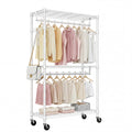 Heavy Duty Rolling Garment Rack 3 Tiers Adjustable Wire Shelving Clothes Rack with 2 Rods and Side Hooks,Storage Closet Clothing Rack with Wheels White 15.7' D x 29.5' W x 74.5' H