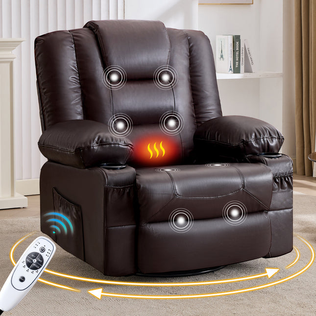 Rocker Recliner Chair with Massage and Heat for Adults,, 360°Swivel oversize recliner chair with Cup Holders, USB Charge Port, Side Pockets for Living Room,Nursery,Bedroom,BROWN