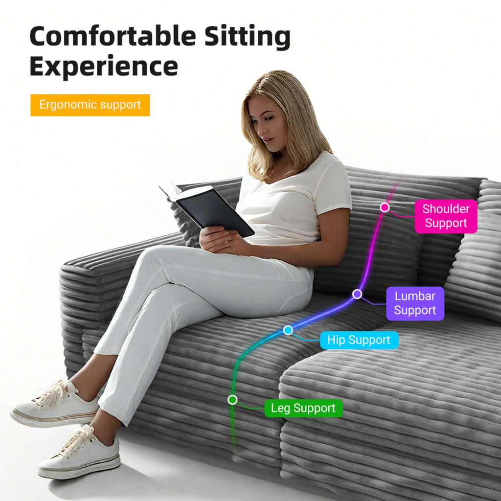 82.7 'Plush Corduroy 3-Seat Sofa,Modern Comfy Upholstered Sofa Cloud Couch,Deep Seat Couches with Soft Pillows and 2 Ottomans,Convertible Sofa Lounge Chair,for Living Room,Apartment,Office,Grey - Eloy Royal