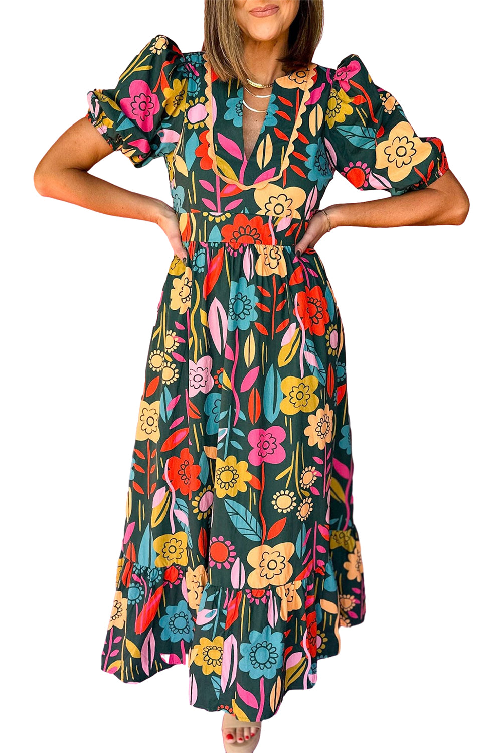 Green Floral Print Split V Neck Puff Sleeve Maxi Dress - Eloy Royal