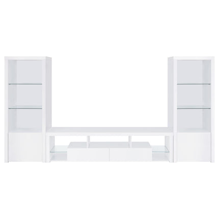 Lance White High Gloss 3-Piece TV Entertainment Center with Glass Shelves and Soft-Close Drawers, Gloss White Finish, Engineered Wood Construction
