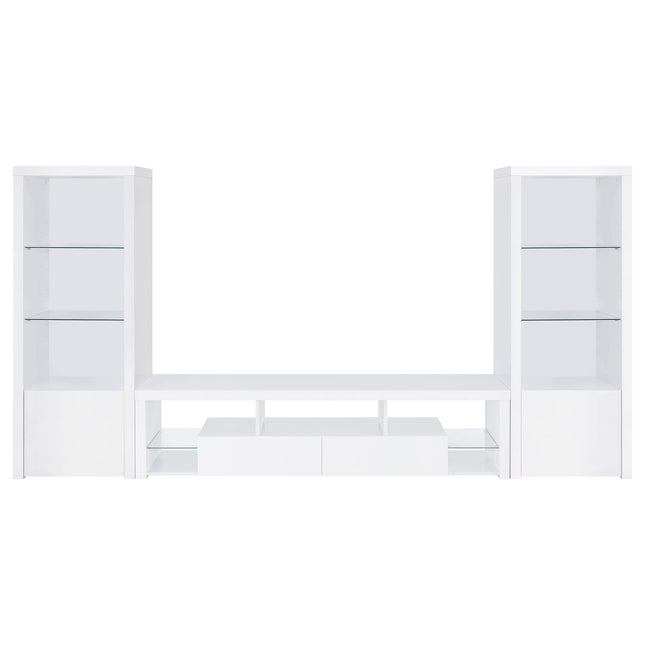 Lance White High Gloss 3-Piece TV Entertainment Center with Glass Shelves and Soft-Close Drawers, Gloss White Finish, Engineered Wood Construction