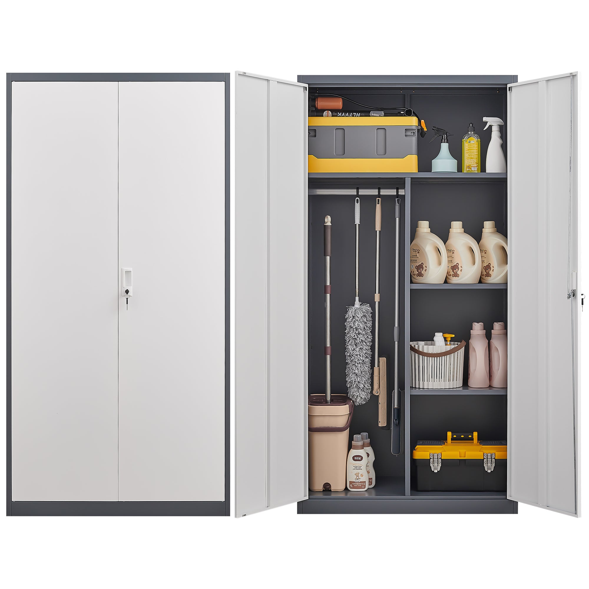 Gray Metal Large-Capacity Wardrobe with Hanging Rod and Compartments, Lockable Closet with Locks & Keys, Steel Construction, Waterproof & Fireproof, Suitable for Bedroom, Living Room and Laundry Room.