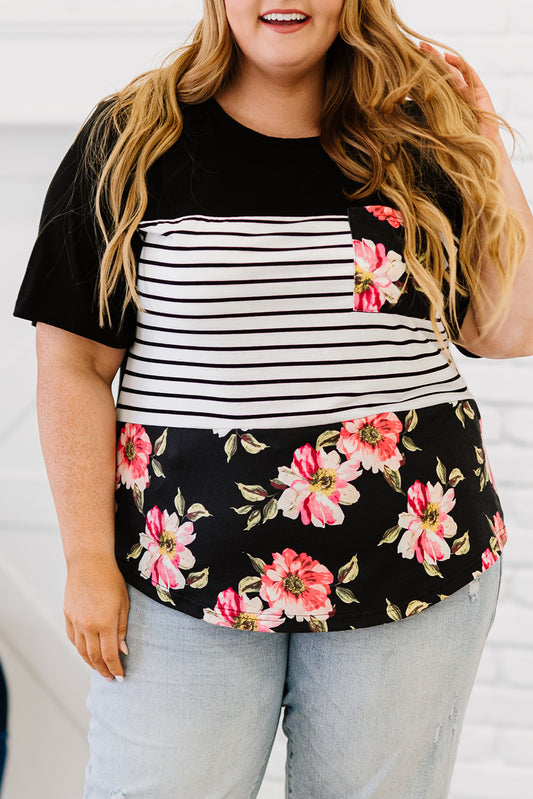 Black Stripe Floral Casual Splicing Block Plus Size Top - Eloy Royal