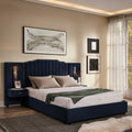 Queen Size Upholstered Bed Frame with Velvet Fabric, Vertical Stripe Design with Buttons Around King Size Platform Bed with Headboard, Solid Frame & Bedside Table - No Box Spring Needed-Dark Blue