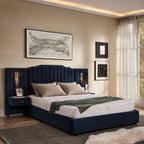 Queen Size Upholstered Bed Frame with Velvet Fabric, Vertical Stripe Design with Buttons Around King Size Platform Bed with Headboard, Solid Frame & Bedside Table - No Box Spring Needed-Dark Blue