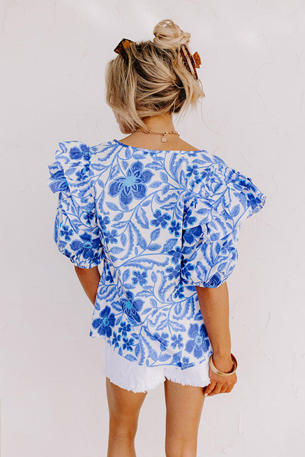 Dark Blue Floral Print Ruffled Bubble Sleeve Blouse - Eloy Royal