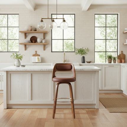 Suluij 26' Brown Faux Leather and Walnut Wood Bar Stool