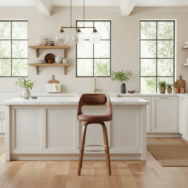 Suluij 26' Brown Faux Leather and Walnut Wood Bar Stool