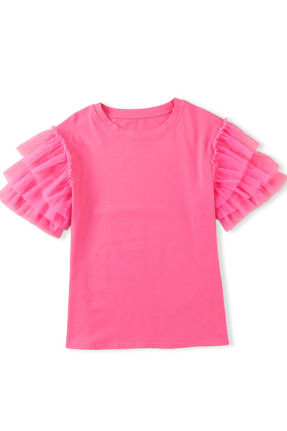 Pink Plain Round Neck Tulle Ruffle Sleeve Blouse - Eloy Royal