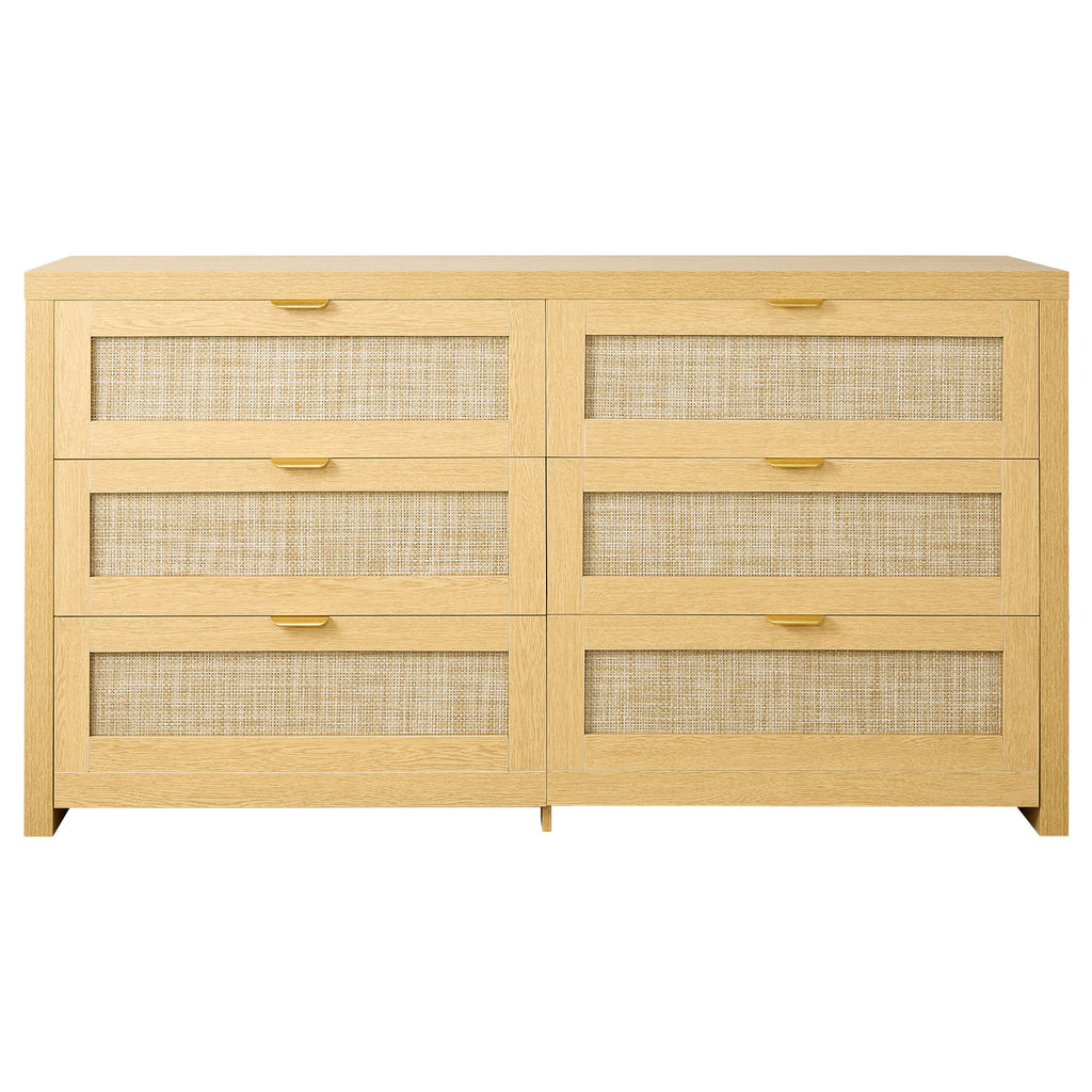 6 Drawer Rattan Dresser, Double Dresser for Bedroom, Natural Rattan Chest of Drawer with Metal Handle, Modern Wood Chest Clothing Organizer & Storage for Bedroom, Living Room, Hallway, Burlywood