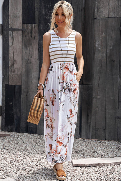 White Boho Stripes & Floral Print Floor Length Tank Dress - Eloy Royal