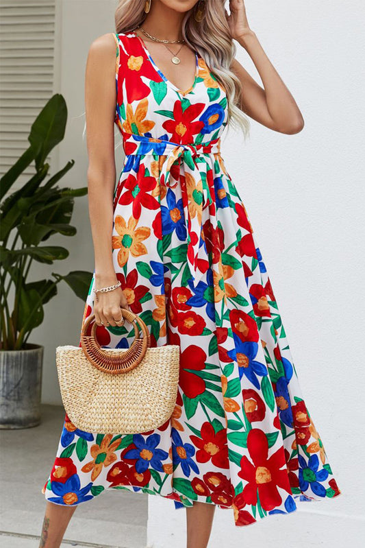 White V-neck Knot Floral Beach Flowy Midi Dress - Eloy Royal