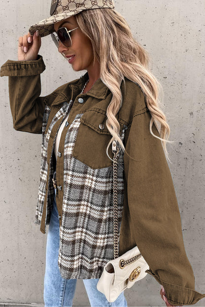 Wholesale Brown Plaid Patchwork Pockets Denim Jacket - Eloy Royal