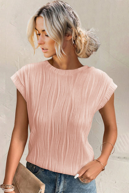 Pink Solid Color Wavy Textured Cap Sleeve Top - Eloy Royal