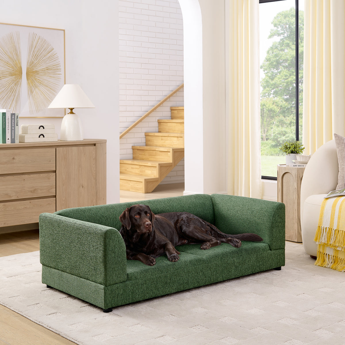 Comfortable Oversized Pet Sofa for Medium/Large Dogs - Modern Rectangular Design with Backrest, Armrests & Soft Cushion -OLIVE GREEN(56.5'*26'*17')
