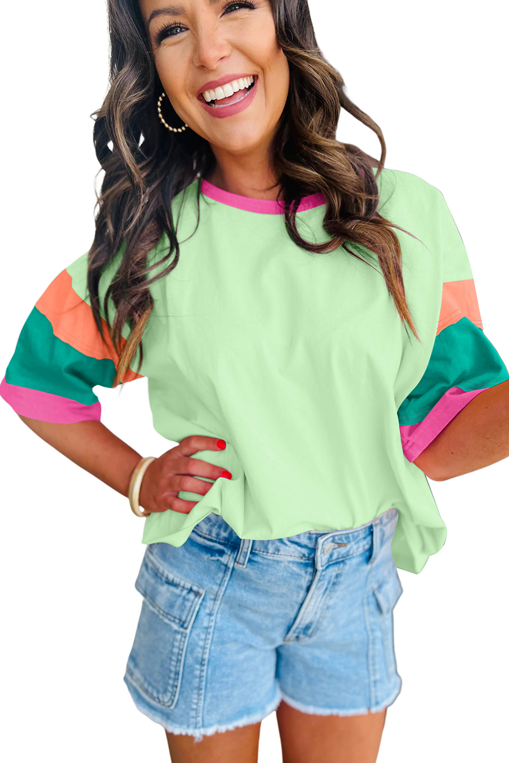 Green Color Block Sleeve Round Neck Oversize Top - Eloy Royal