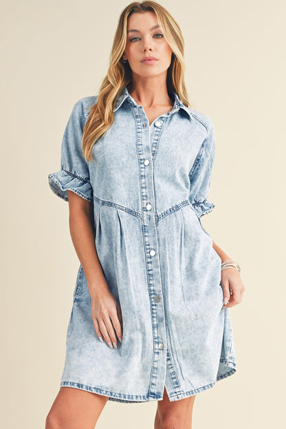 Blue Mineral Washed Ruffled Short Sleeve Pocketed Denim Dress - Eloy Royal