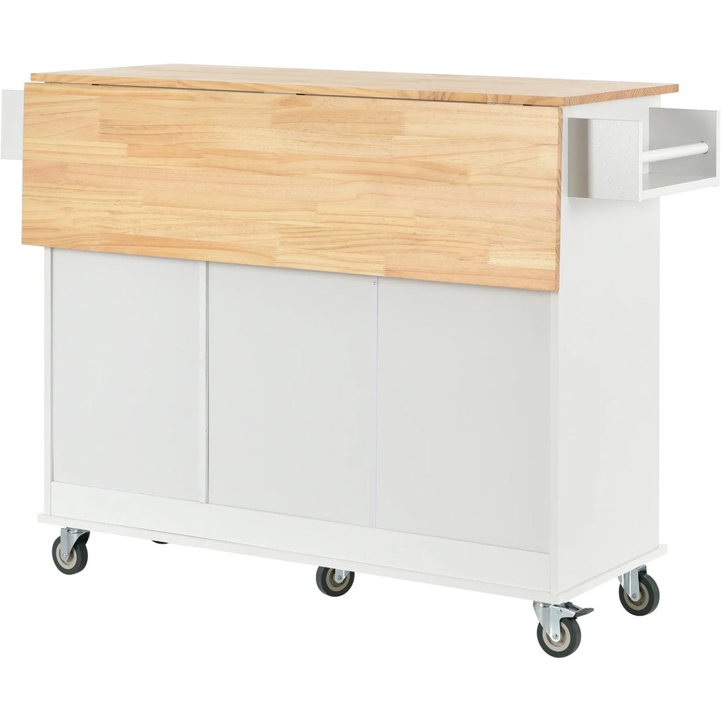 Rolling Mobile Kitchen Island with Solid Wood Top and Locking Wheels,52.7 Inch Width,Storage Cabinet and Drop Leaf Breakfast Bar,Spice Rack, Towel Rack & Drawer (White) - Eloy Royal