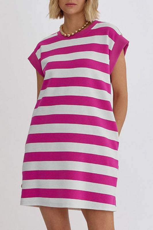 Rose Stripe Cap Sleeve Pocketed T-shirt Dress - Eloy Royal