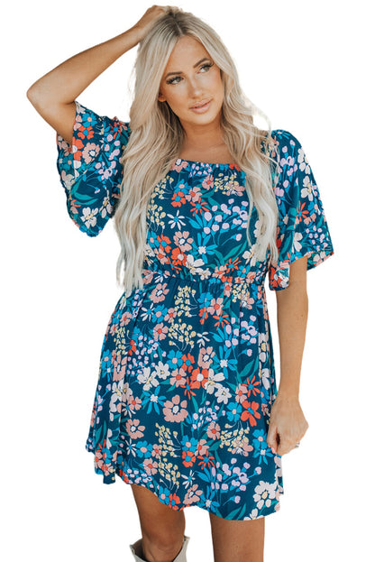 Dark Blue Bohemian Floral Print Off Shoulder Short Dress - Eloy Royal