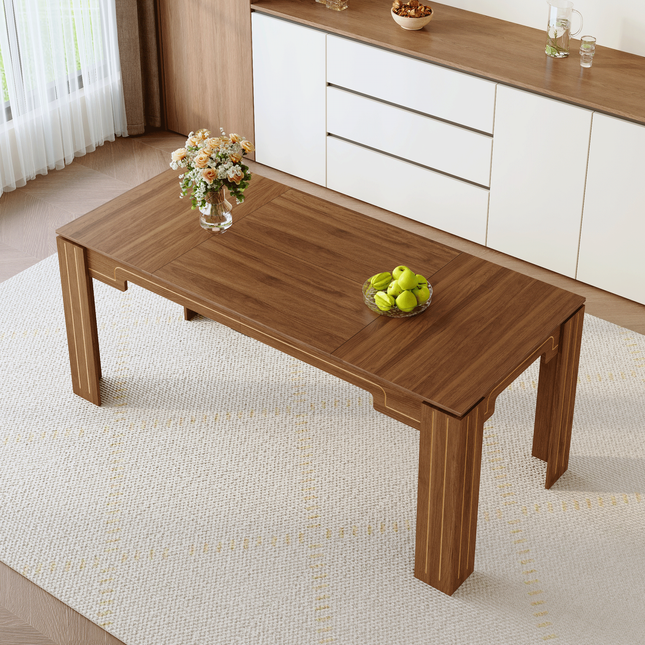 71 x 31.5 inch walnut MDF spliced tabletop dining table with grooved legs. Modern luxury home dining table, suitable for 6-8 people. Flexible adaptation to dining rooms, living rooms, study rooms,etc.