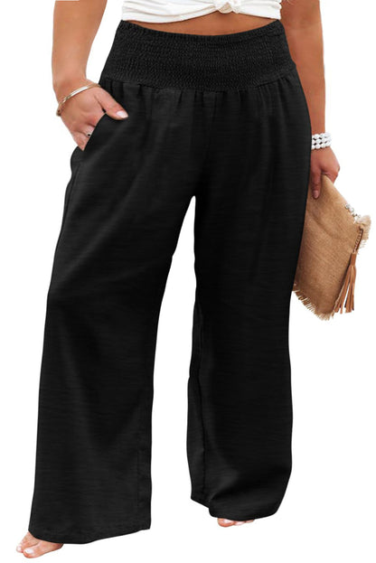 Black Shirred High Waist Plus Size Wide Leg Pants - Eloy Royal