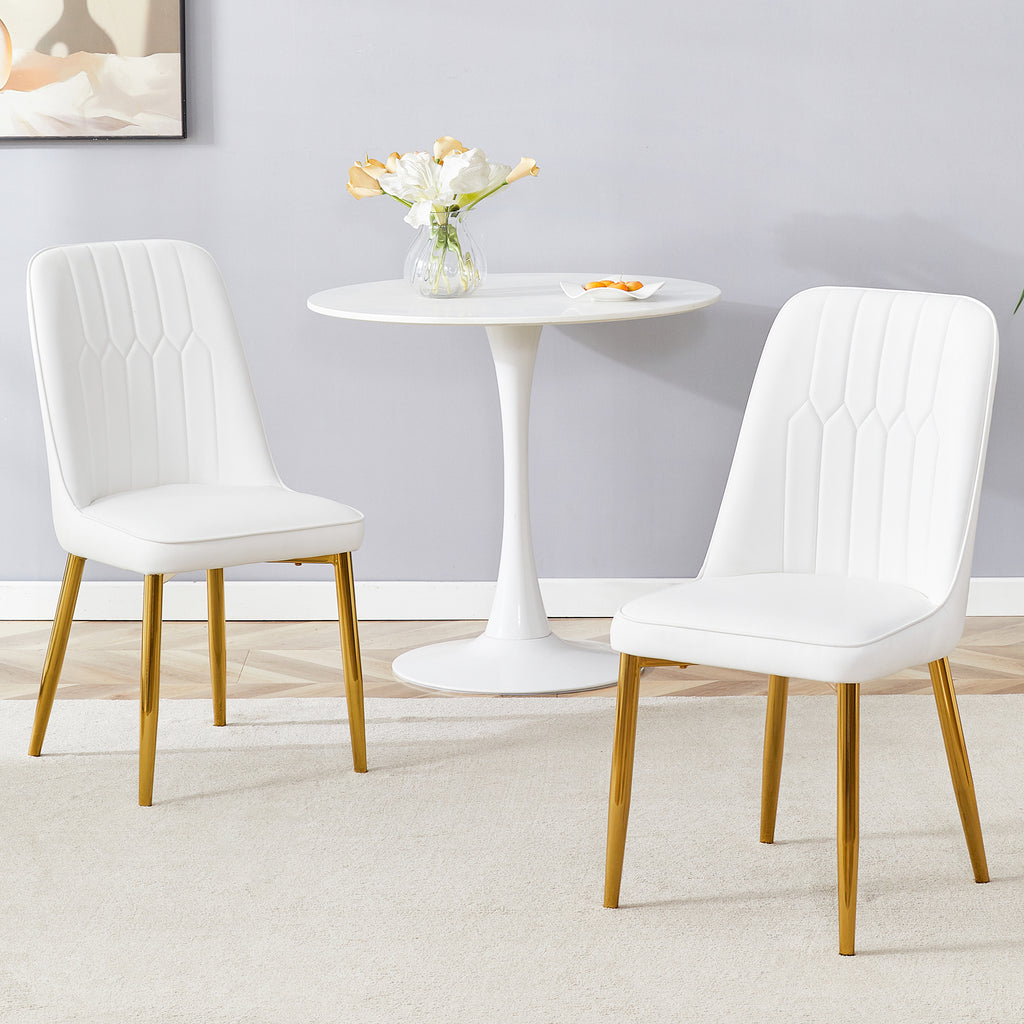 2 modern dining chairs, sleek PU leather backrest, and gold metal legs bring a comfortable home experience to the kitchen, bedroom, and office.W1151P183322