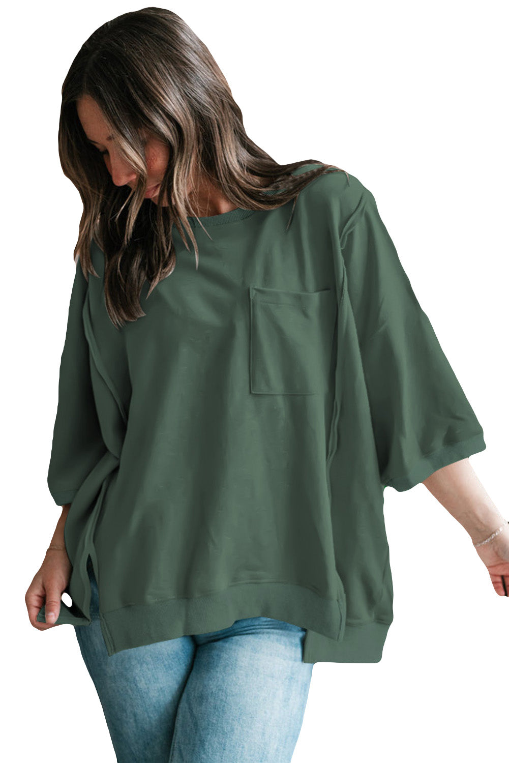 Bonbon Exposed Seam Pocket Side Split Loose T Shirt - Eloy Royal