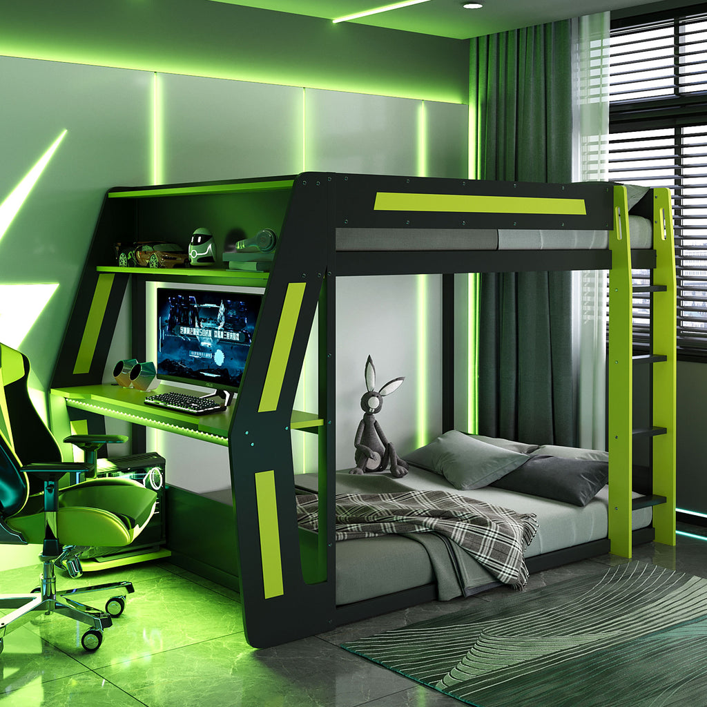 Full-Size Gaming Bunk Bed with Side-Mounted Oversized RGB Desk, USB Charging Ports & Cable Grommet, LED Light Strip, Heavy-Duty Esports Loft Frame – Cool Design-Green