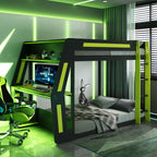 Full-Size Gaming Bunk Bed with Side-Mounted Oversized RGB Desk, USB Charging Ports & Cable Grommet, LED Light Strip, Heavy-Duty Esports Loft Frame – Cool Design-Green