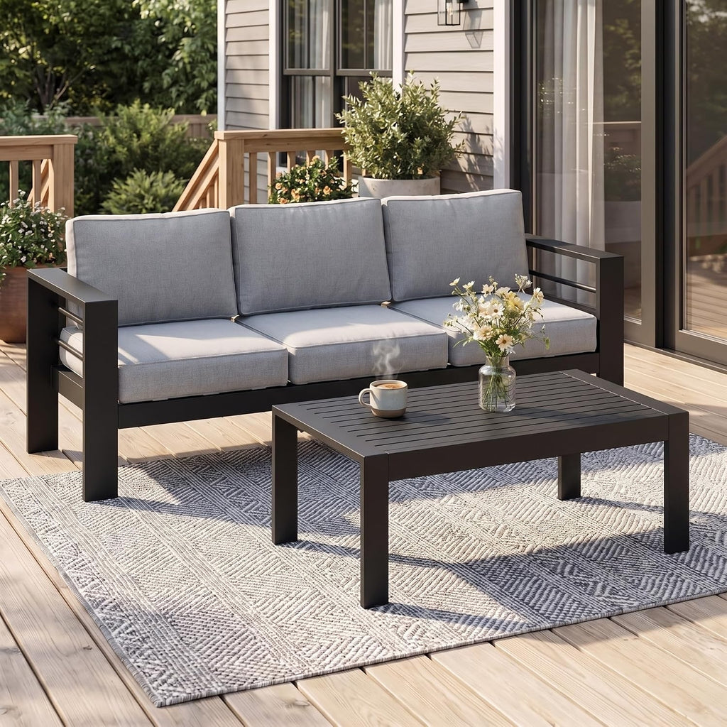 Metal Patio Furniture Set for All Weather, Oversized Heavy Duty Outdoor Furniture Set with Upgraded Cushion, Modern Outdoor Patio Couch Set for Garden, Balcony, Backyard, Light Grey