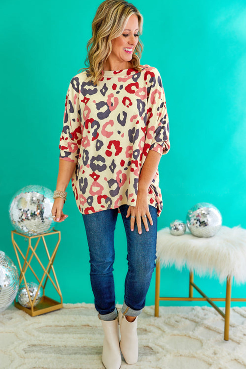 White Plus Size Colorful Leopard Print Batwing Sleeve Top - Eloy Royal