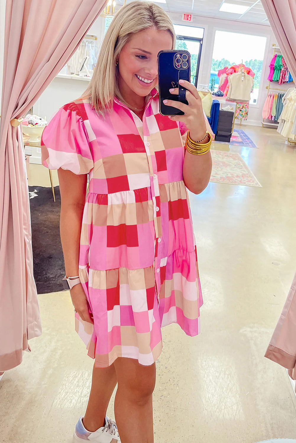 Pink Colorblock Plaid Puff Sleeve Tiered Mini Dress - Eloy Royal