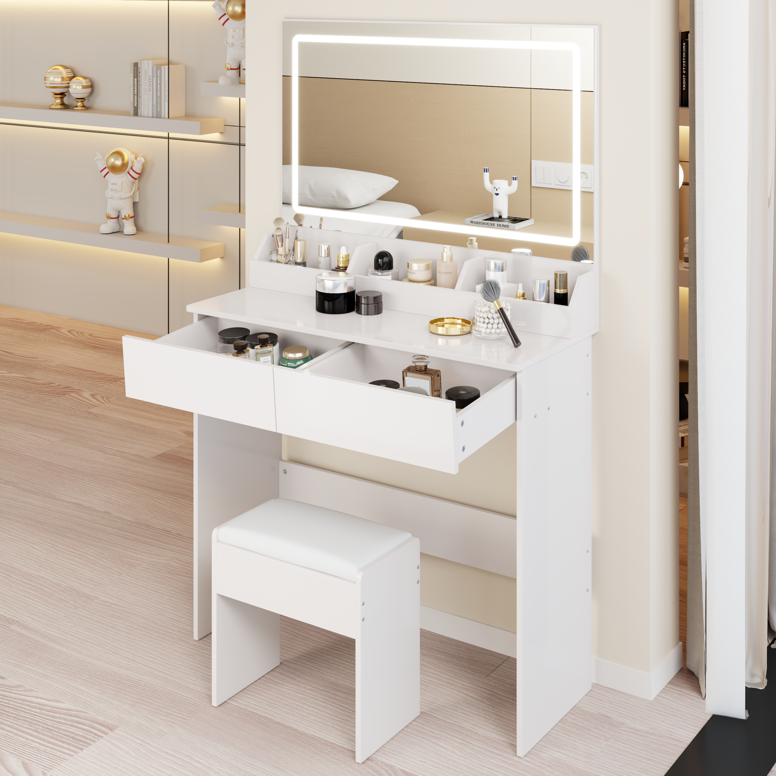 31' x 20' Extra Large LED Mirror Makeup Vanity Table + Soft Cushion Stool Suit, Touch Switch, 3 colors, Adjustable Brightness, Large Capacity Storage, Compact Dressing Table Suitable For Small Space