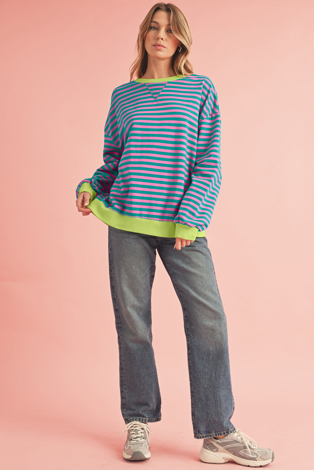 Green Stripe Contrast Edge Oversized Sweatshirt