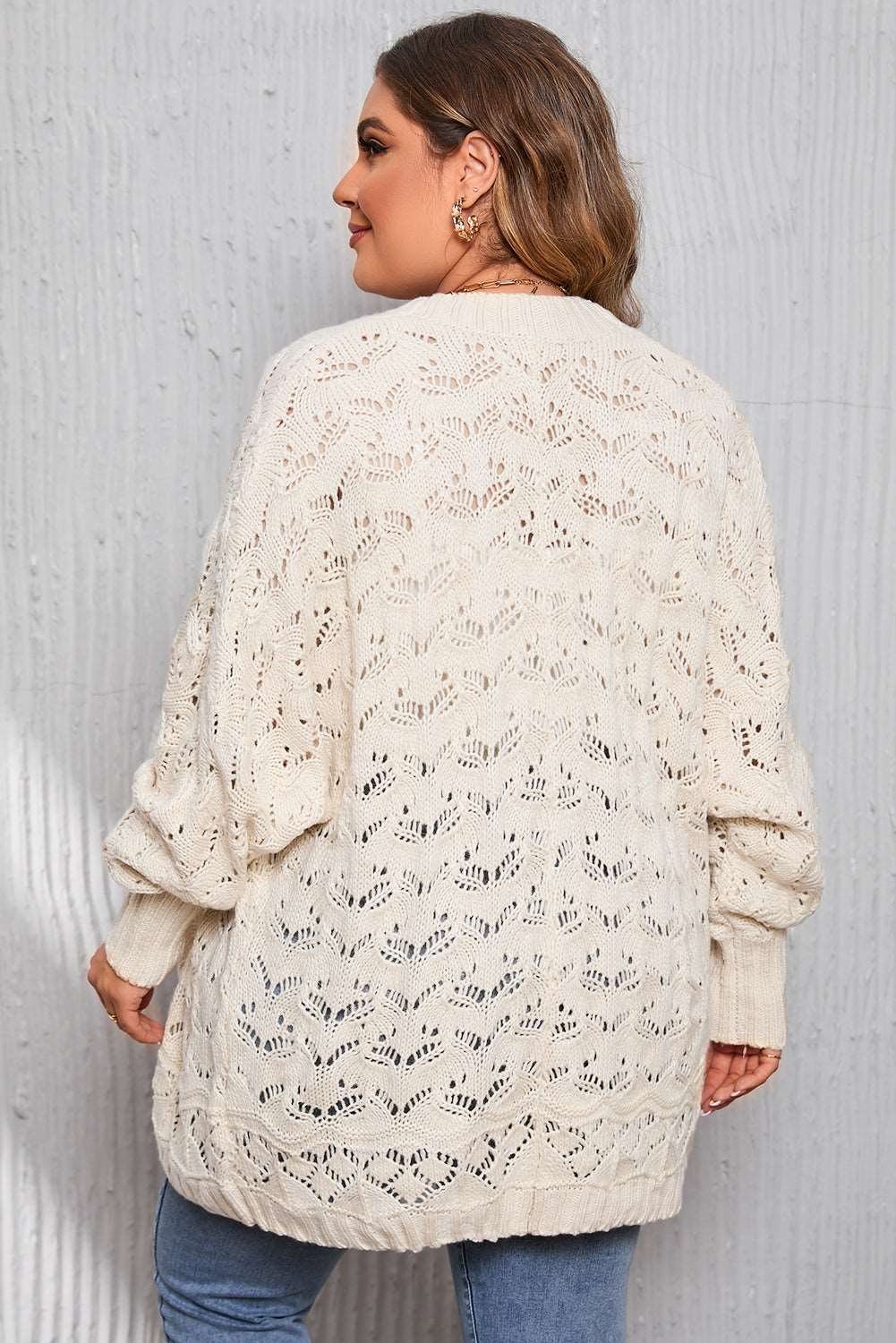 Beige Plus Size Hollowed Open Front Ribbed Trim Cardigan