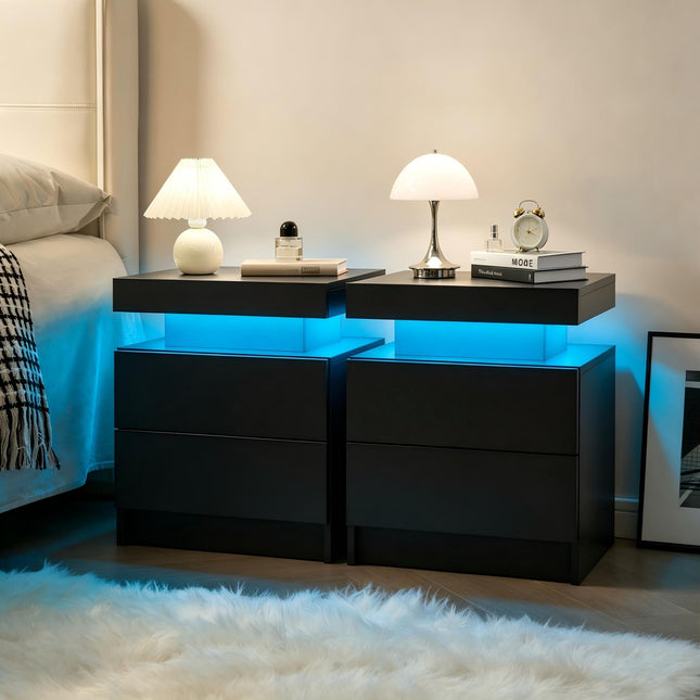 LED Nightstands Set of 2, Bedside Table Cabinet Lights Modern End Side with 2 Drawers for Bedroom (Black)