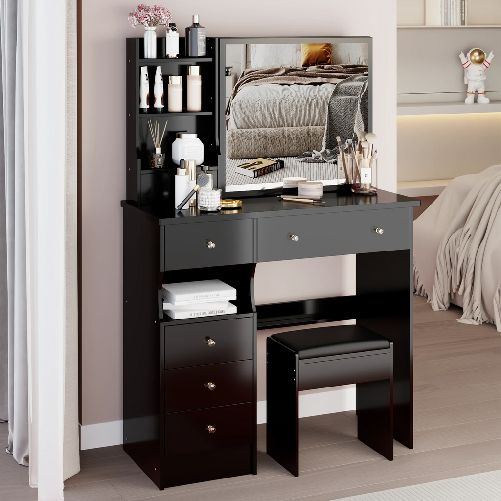 37' Middle Size Left Drawer Desktop Vanity Table + Cushioned Stool, Extra Large Right sliding mirror, Multi Layer High Capacity Storage, Practical Fashionable Dresser, Suitable For Large Space - Eloy Royal