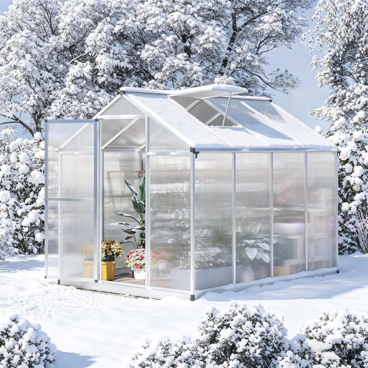 Winter  Walk-In Polycarbonate Greenhouse with Roof Vent for Ventilation & Rain Gutter 8' L x 6' W