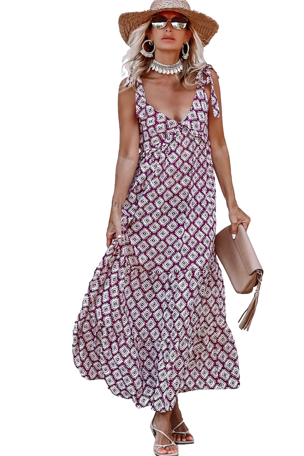 Purple Geometric Print Knotted Straps V Neck Maxi Dress - Eloy Royal