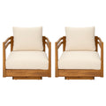 Set of 2 Acacia Wood Outdoor Swivel Chairs with Beige Cushions, Natural Wood Frame, Modern Patio Lounge Furniture